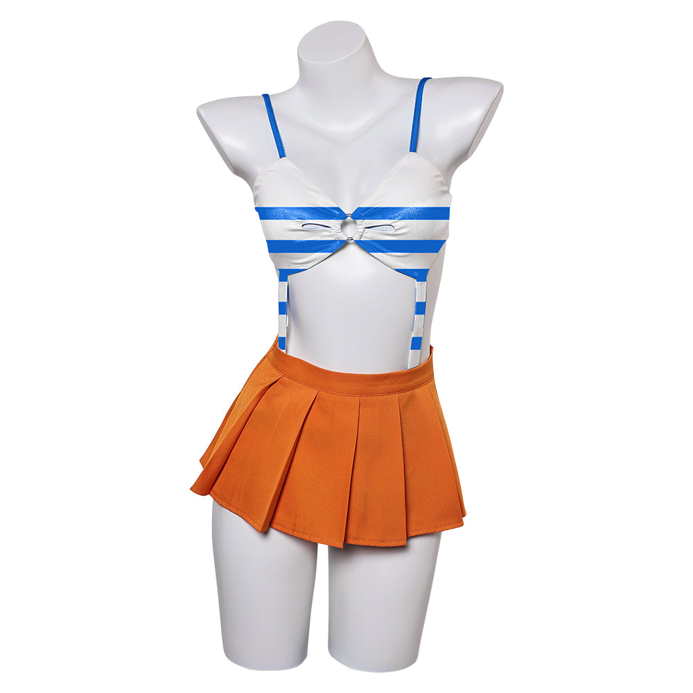 One Piece Anime Nami Women Blue And Orange Swimsuit Party Carnival Hal