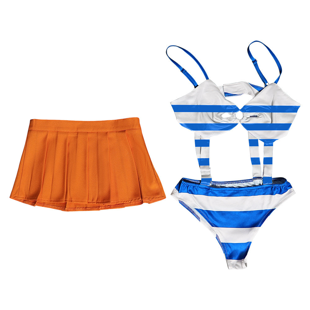 One Piece Anime Nami Women Blue And Orange Swimsuit Party Carnival Hal