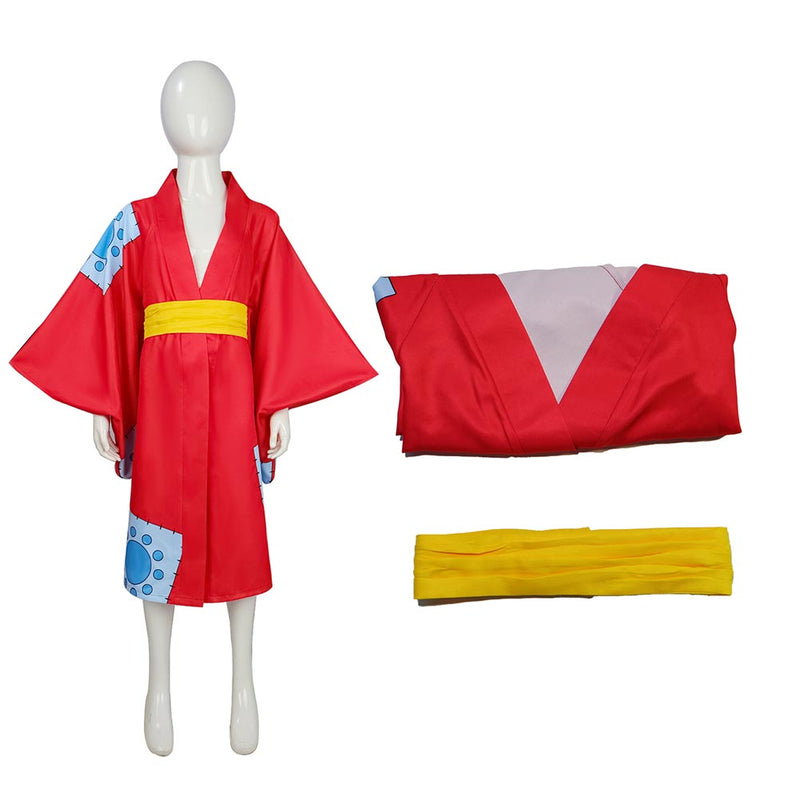 One Piece Wano Country Arc Anime Monkey D. Luffy Kids Children Red Kimono Cosplay Costume