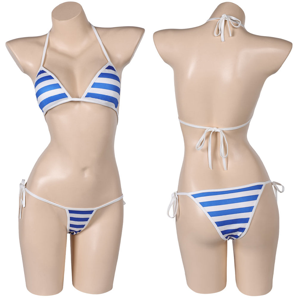 Street Fighter Game Cammy Women Blue Stripe Bikini Set Sexy Swimsuit Cosplay  Costume