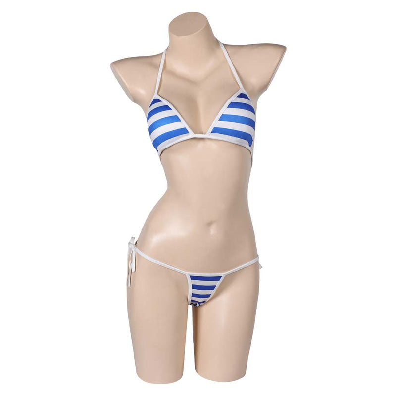 Street Fighter Game Cammy Women Blue Stripe Bikini Set Sexy Swimsuit Cosplay Costume