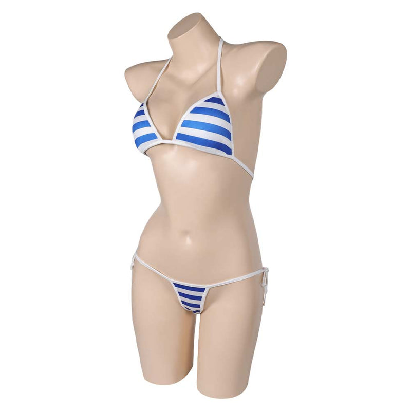 Street Fighter Game Cammy Women Blue Stripe Bikini Set Sexy Swimsuit Cosplay Costume