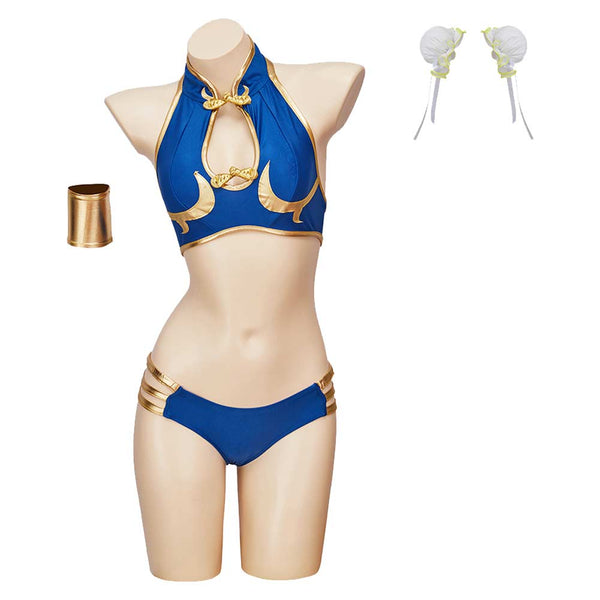 Street Fighter Game Chun Li Women Blue Bikini Set Swimsuit Party Carnival Halloween Cosplay Costume