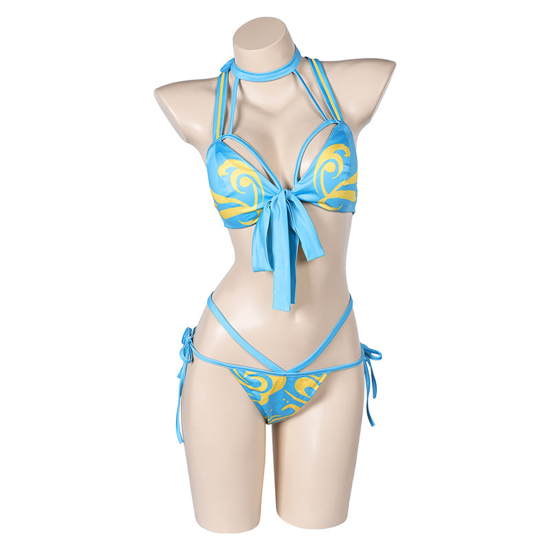 Street Fighter Game Chun Li Women Blue Printed Sexy Bikini Set Swimsuit Cosplay Costume