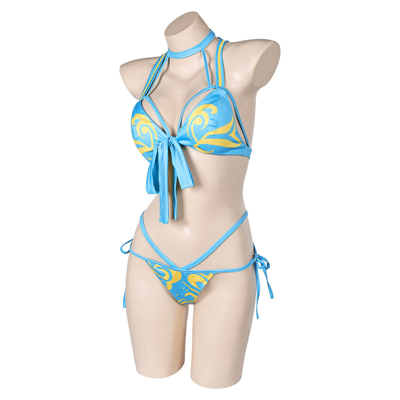 Street Fighter Game Chun Li Women Blue Printed Sexy Bikini Set Swimsuit Cosplay Costume