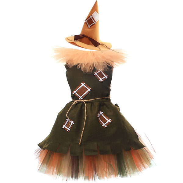 The Wizard of Oz Movie Scarecrow Kids Children Brown Dress Party Carnival Halloween Cosplay Costume