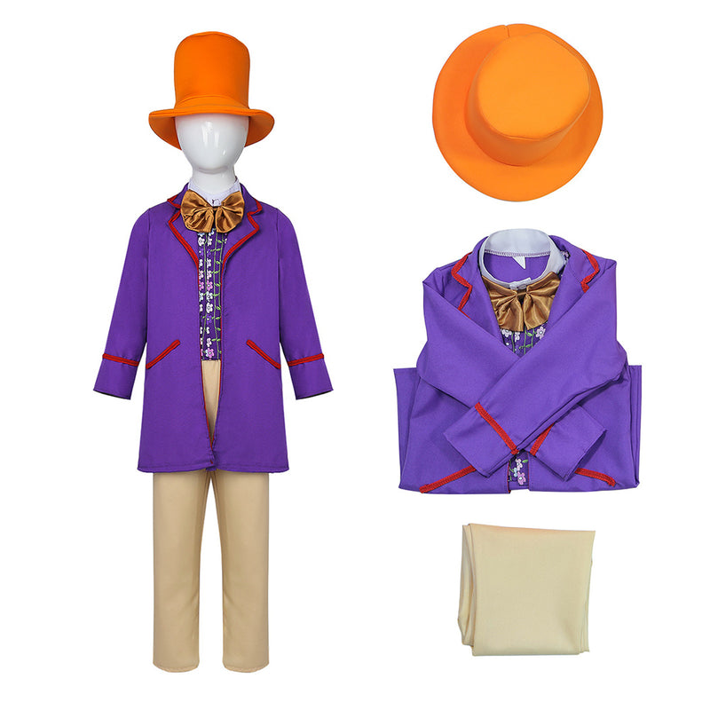 Wonka 2023 Movie Wonka Kids Children Purple Suit Party Carnival Halloween Cosplay Costume