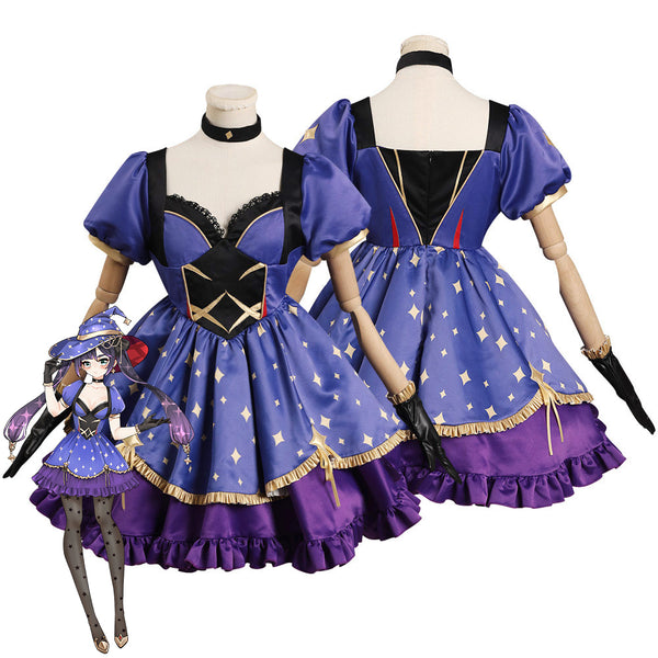 Genshin Impact Mona Cosplay Costume Witch Dress Hat Outfits Halloween Carnival Suit