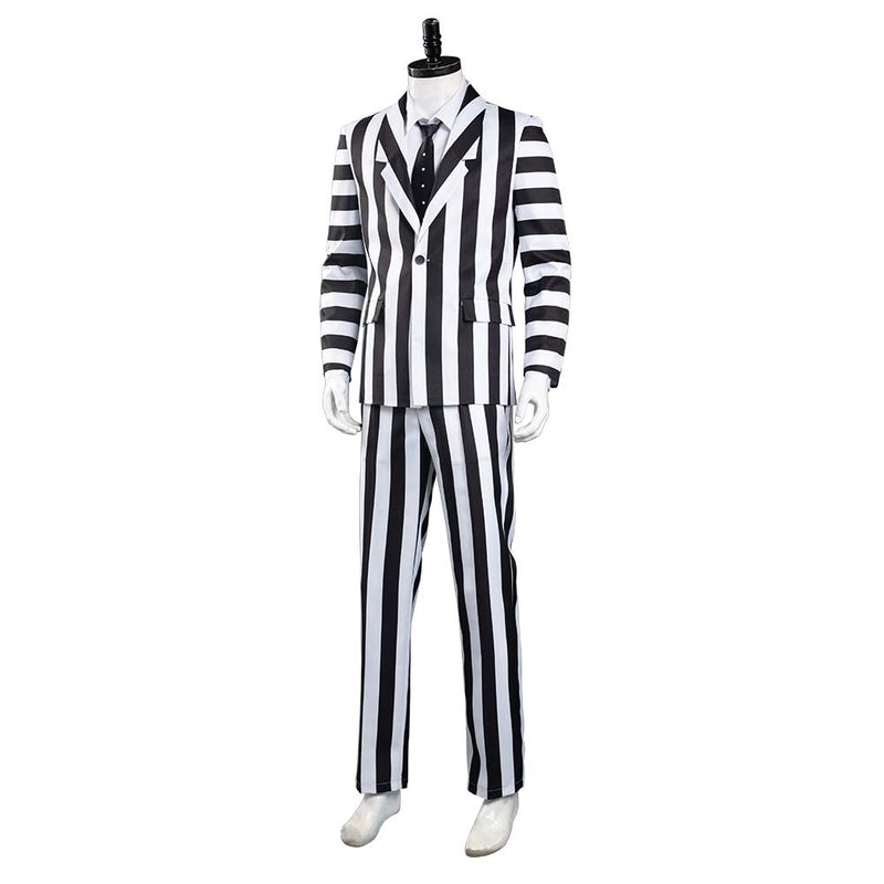 Beetlejuice Adam Men Black and White Striped Suit Jacket Shirt Pants Outfits Halloween Carnival Costume Cosplay Costume