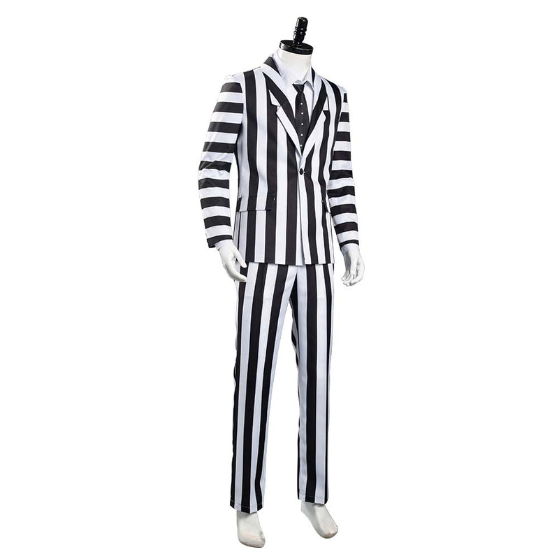 Beetlejuice Adam Men Black and White Striped Suit Jacket Shirt Pants Outfits Halloween Carnival Costume Cosplay Costume