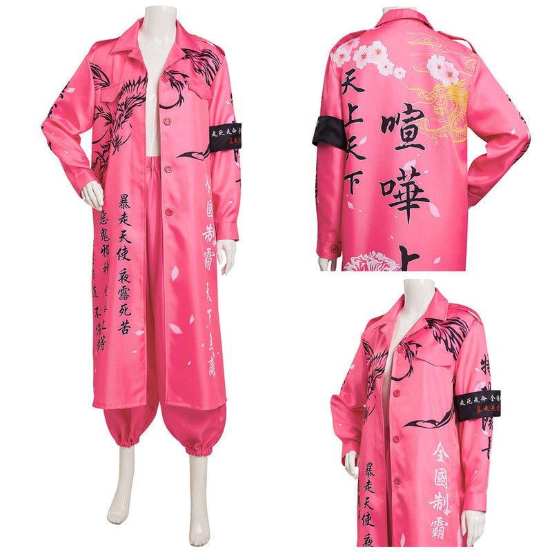Japanese Bosozoku Kimono Cosplay Costume Pink Coat Pants Outfits Halloween Carnival Suit