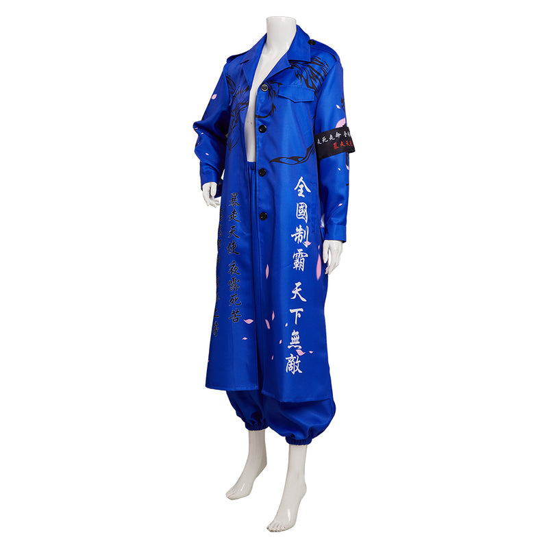 Japanese Bosozoku Kimono Cosplay Costume Blue Coat Pants Outfits Halloween Carnival Suit