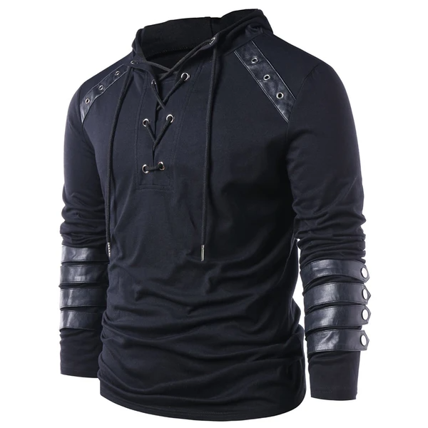 Men Gothic Steampunk Hoodie with Leather Straps Long Sleeve Lace up Ho