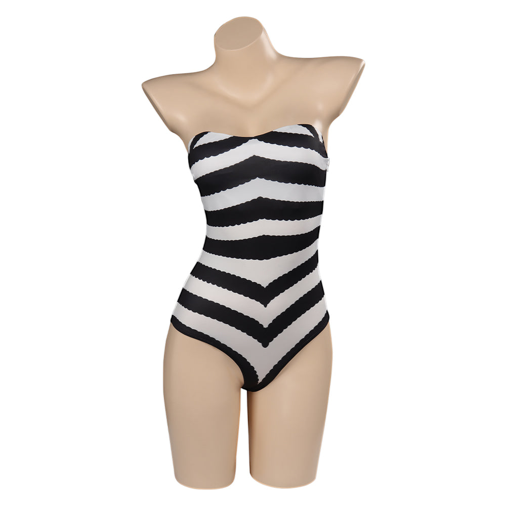2023 Margot Robbie Classic Black And White Striped Swimsuit Cosplay Co