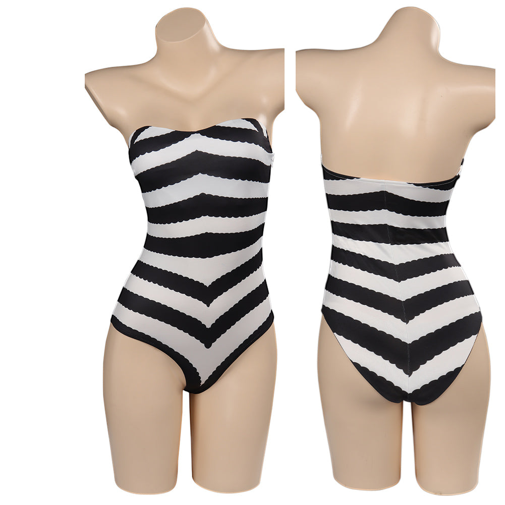 2023 Movie Margot Robbie Classic Black And White Striped Swimsuit Cosp