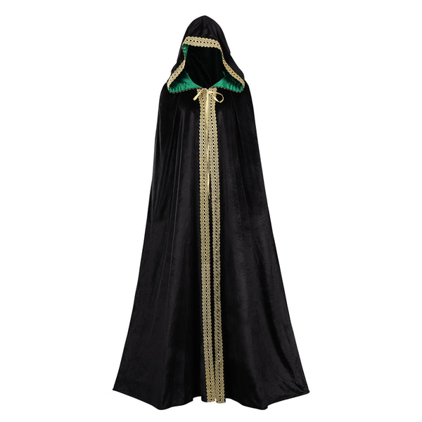 Witch Wizard Hooded Robe Cosplay Costume Black Velvet Lace Contrasting Color Cloak Outfits