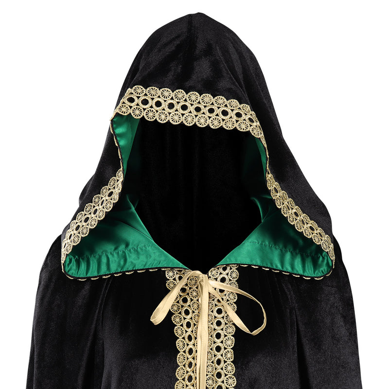 Witch Wizard Hooded Robe Cosplay Costume Black Velvet Lace Contrasting