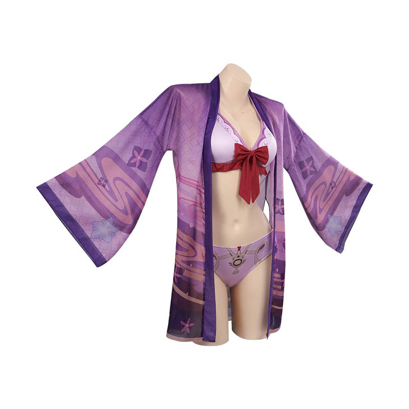 Genshin Impact Raiden Shogun Beelzebul Swimsuit Cosplay Costume Bikini Top Shorts Cloak Outfits