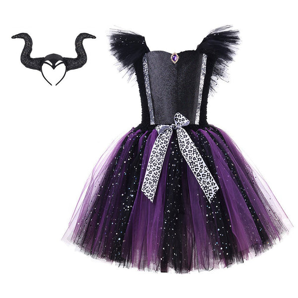 Kids Girls Maleficent Cosplay Costume Headband Outfits Halloween Carnival Suit
