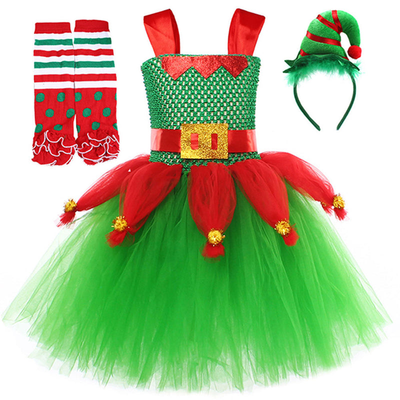 Girls Kids Green Christmas Cosplay Costume Dress Outfits Halloween Carnival Suit