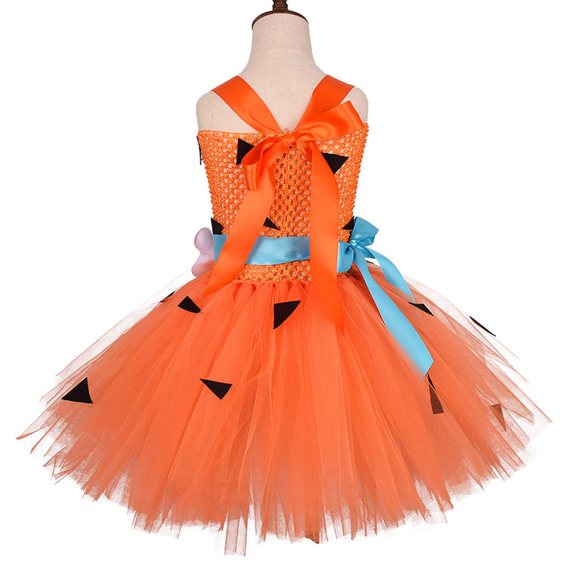 Kids Girls Primitive Man Bones Decor Cosplay Costume Orange Dress Outfits Halloween Carnival Suit