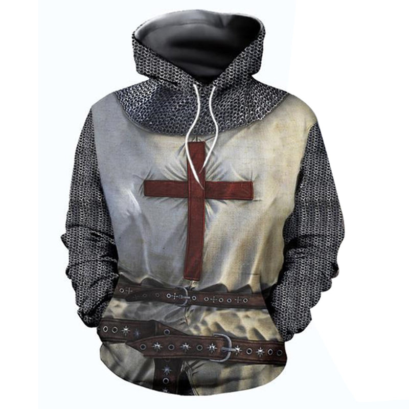Men’s Medieval Armor Hoodie Knights Templar Pullover Sweatshirt Retro Long Sleeve Crusader Cross Printed Tops
