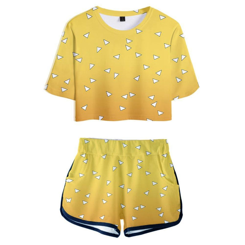 Women  Agatsuma Zenitsu Cosplay Crop Top & Shorts Set Summer 2 Pieces Casual Clothes