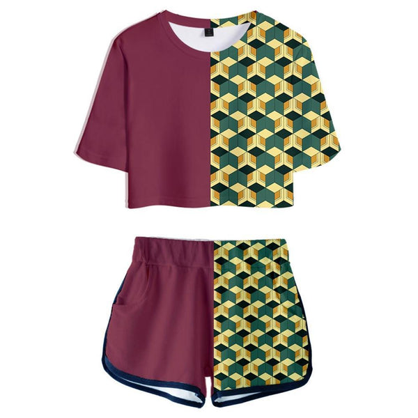 Women  Tomioka Giyuu Cosplay Crop Top & Shorts Set Summer 2 Pieces Casual Clothes