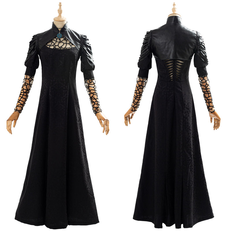 yennefer black dress Yennefer Inspired Fantasy Costume, Dark Sorceress Dress, Gothic Mage Outfit, Elegant Witch Cosplay, Luxury Fantasy Gown