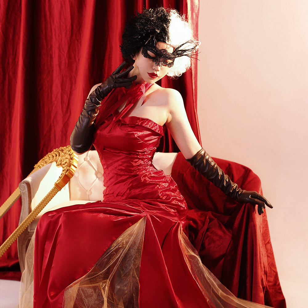 2021 Movie Cruella de Vil Cosplay Cruella Costume Halloween Outfit Red Dress