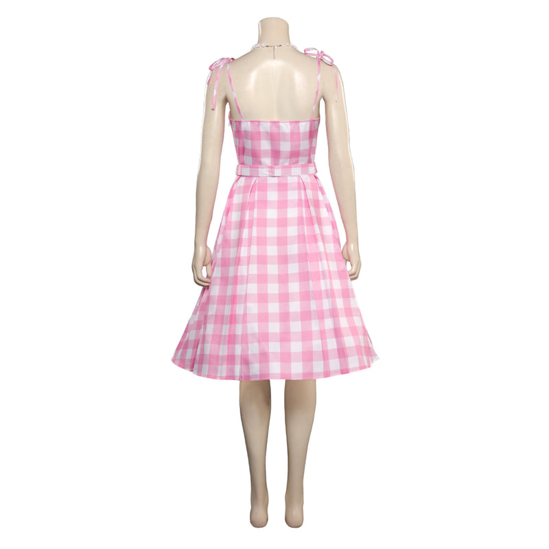 2023 Movie Margot Robbie Kids Girls Pink Plaid Long Dress Halloween Ca