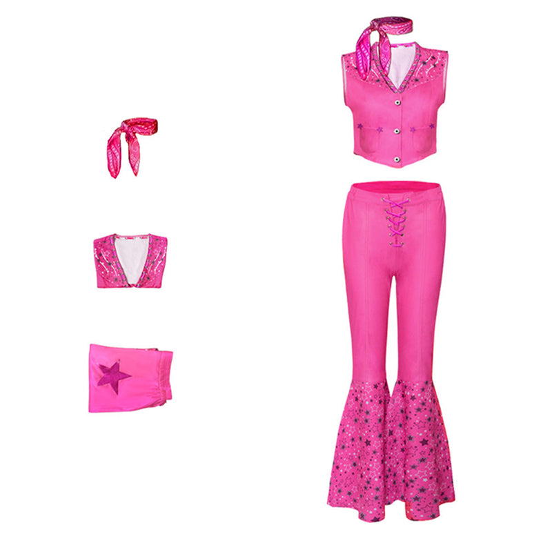 2023 Barbie Movie Margot Robbie Barbie Pink Flared Pants Set Outfits Halloween Carnival Suit Cosplay Costume