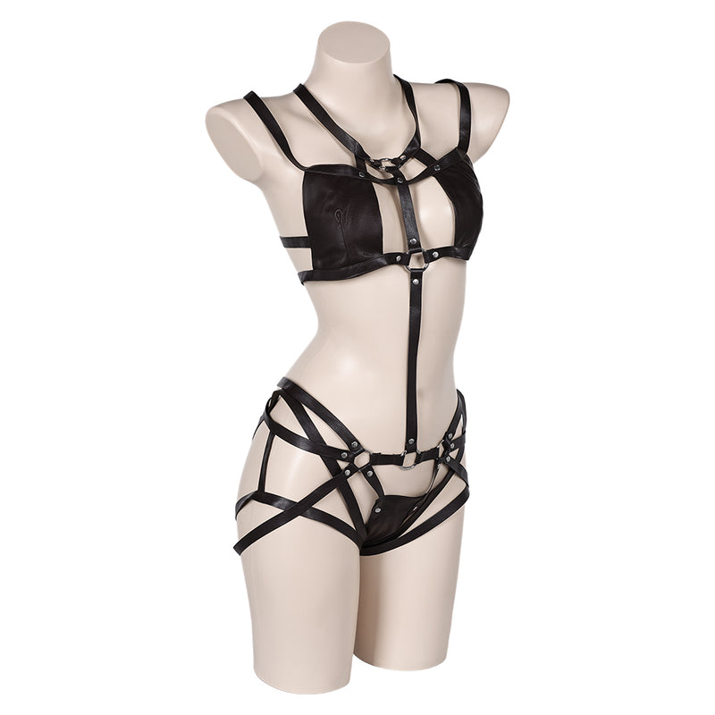 Sakura Black Leather Bra & Garters Set