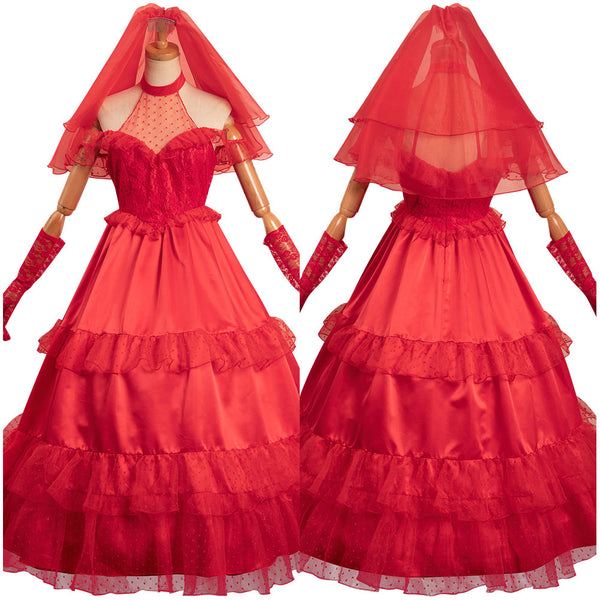 Beetlejuice Lydia Deetz Original Design Red Silks Sexy Adult Wedding Dress Party Carnival Halloween Cosplay Costume