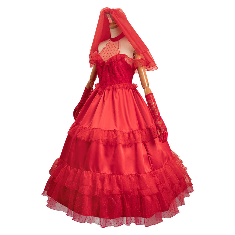 Beetlejuice Lydia Deetz Original Design Red Silks Sexy Adult Wedding Dress Party Carnival Halloween Cosplay Costume
