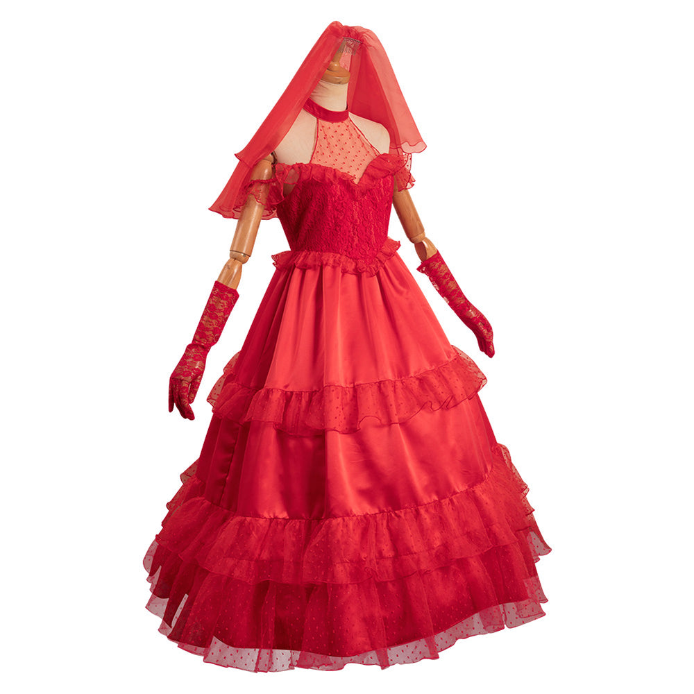 strapless open back dress Beetlejuice Lydia Deetz Original Design Red Silks Sexy Adult Wedding Dress  Party Carnival Halloween Cosplay Costume