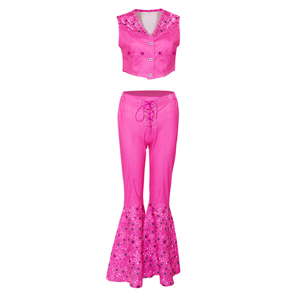 2023 Barbie Movie Margot Robbie Barbie Pink Flared Pants Set Outfits Halloween Carnival Suit Cosplay Costume