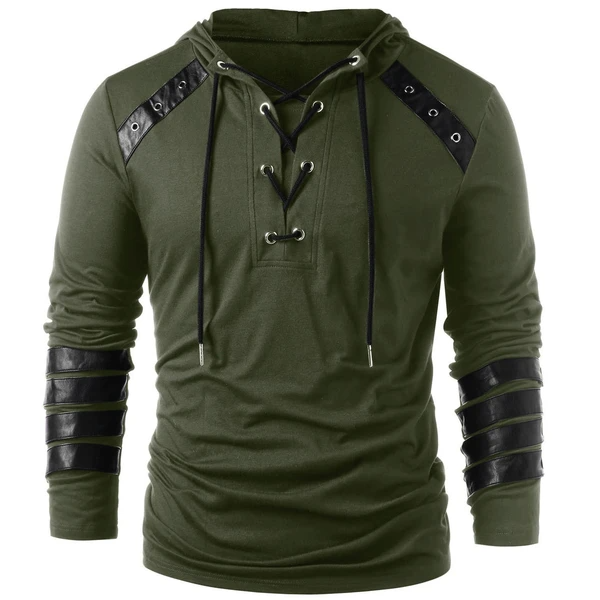 Men Gothic Steampunk Hoodie with Leather Straps Long Sleeve Lace up Ho