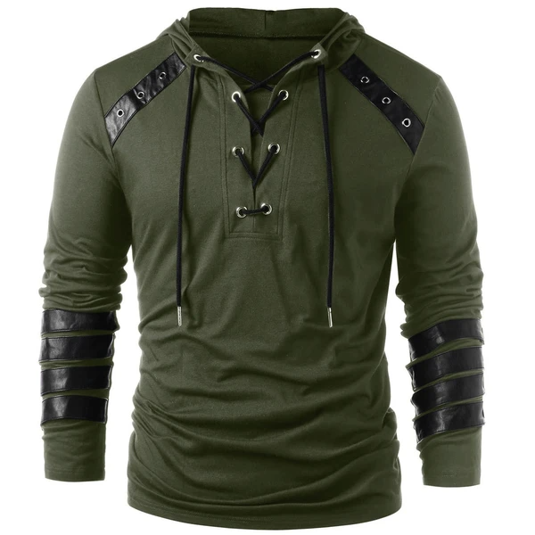 Men Gothic Steampunk Hoodie with Leather Straps Long Sleeve Lace up Hooded Pullover Sweatshirt