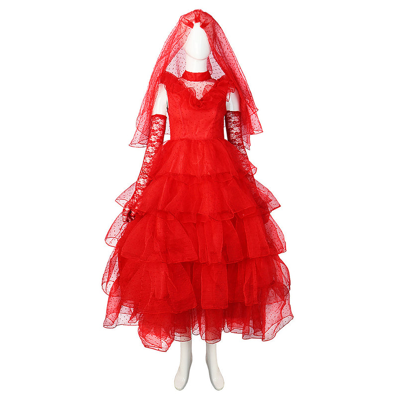 Movie Beetle Juice Lydia Women Red Wedding Dress Party Carnival Halloween Cosplay Costume
