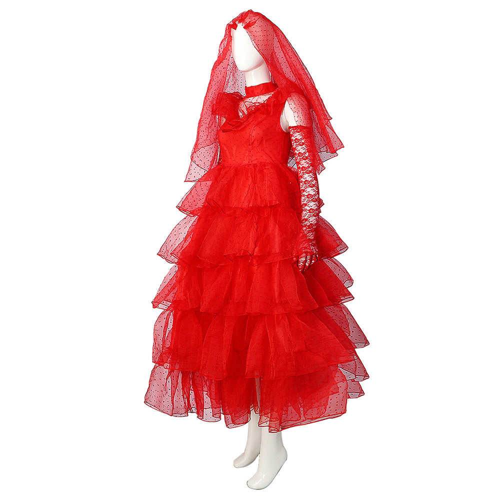 Beetle Juice Lydia Women Red Wedding Dress Party Carnival Halloween Cosplay Costume