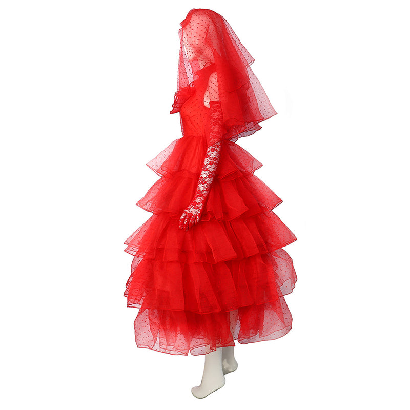 Movie Beetle Juice Lydia Women Red Wedding Dress Party Carnival Halloween Cosplay Costume