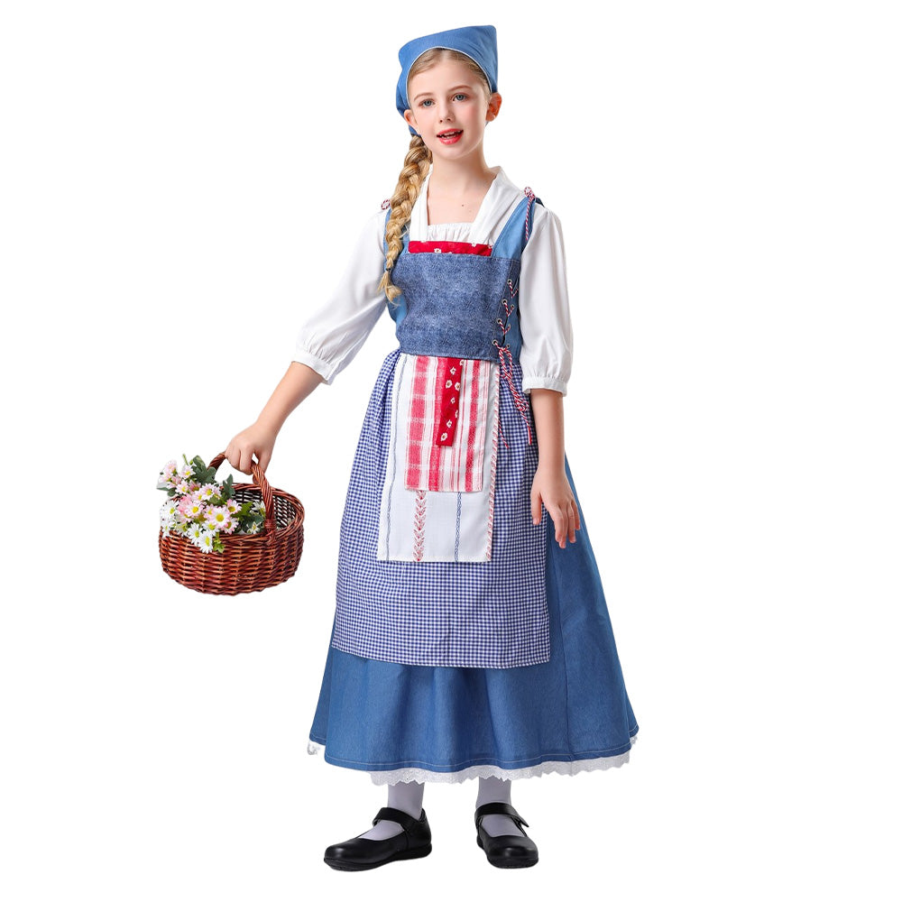 Movie Belle Kids Children Maid Dress Outfit Party Carnival Halloween C